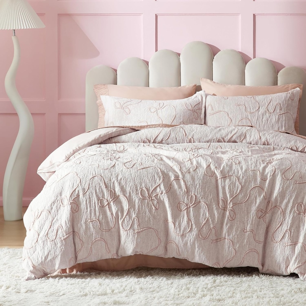image:imageBedsure Boho Duvet Cover King Size  Rose Pink Tufted Boho Bedding Distressed Vintage Embroidery Bedding for All Seasons 3 Pieces 1 Soft Jacquard King Comforter Cover and 2 Pillow Shams06  Pink Bowknot No Comforter