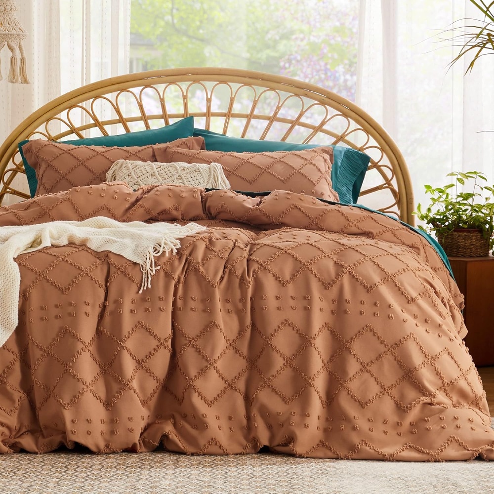 image:imageBedsure Boho Duvet Cover King Size  Rose Pink Tufted Boho Bedding Distressed Vintage Embroidery Bedding for All Seasons 3 Pieces 1 Soft Jacquard King Comforter Cover and 2 Pillow Shams17  Burnt Orange No Comforter