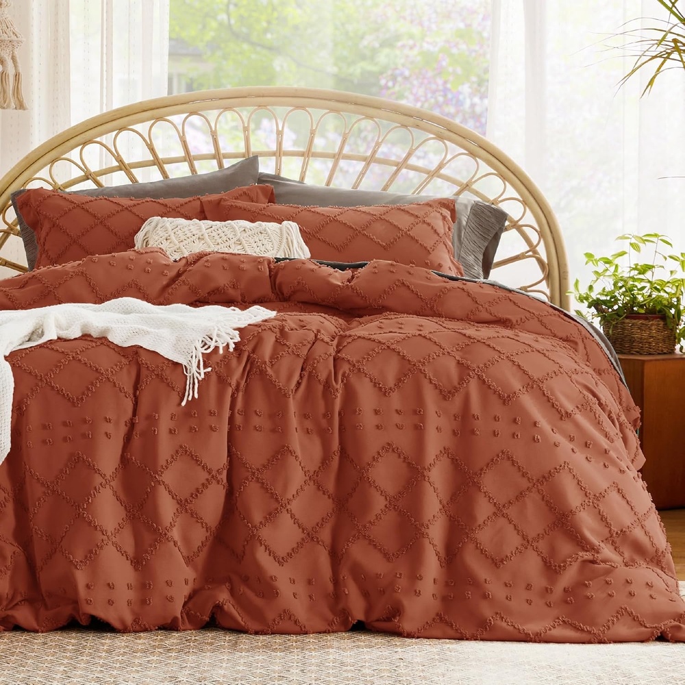image:imageBedsure Boho Duvet Cover King Size  Rose Pink Tufted Boho Bedding Distressed Vintage Embroidery Bedding for All Seasons 3 Pieces 1 Soft Jacquard King Comforter Cover and 2 Pillow Shams08  Terracotta No Comforter