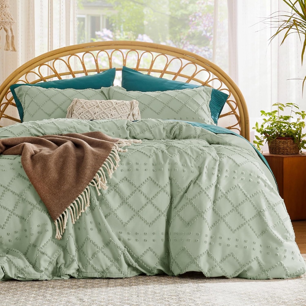 image:imageBedsure Boho Duvet Cover King Size  Rose Pink Tufted Boho Bedding Distressed Vintage Embroidery Bedding for All Seasons 3 Pieces 1 Soft Jacquard King Comforter Cover and 2 Pillow Shams13  Sage Green No Comforter