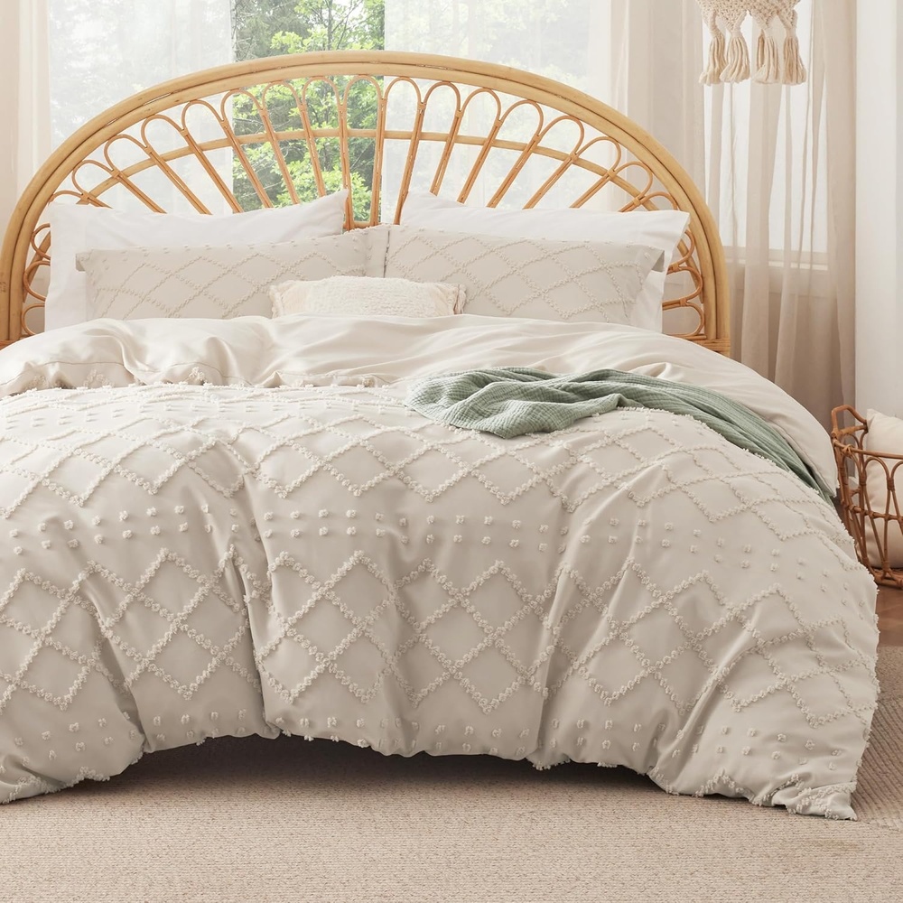 image:imageBedsure Boho Duvet Cover King Size  Rose Pink Tufted Boho Bedding Distressed Vintage Embroidery Bedding for All Seasons 3 Pieces 1 Soft Jacquard King Comforter Cover and 2 Pillow Shams02  Beige No Comforter