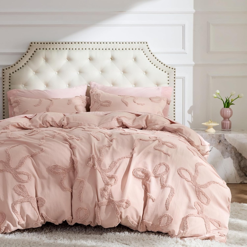 image:imageBedsure Boho Duvet Cover King Size  Rose Pink Tufted Boho Bedding Distressed Vintage Embroidery Bedding for All Seasons 3 Pieces 1 Soft Jacquard King Comforter Cover and 2 Pillow Shams05  Pink  Bowknot Tuftedno Comforter