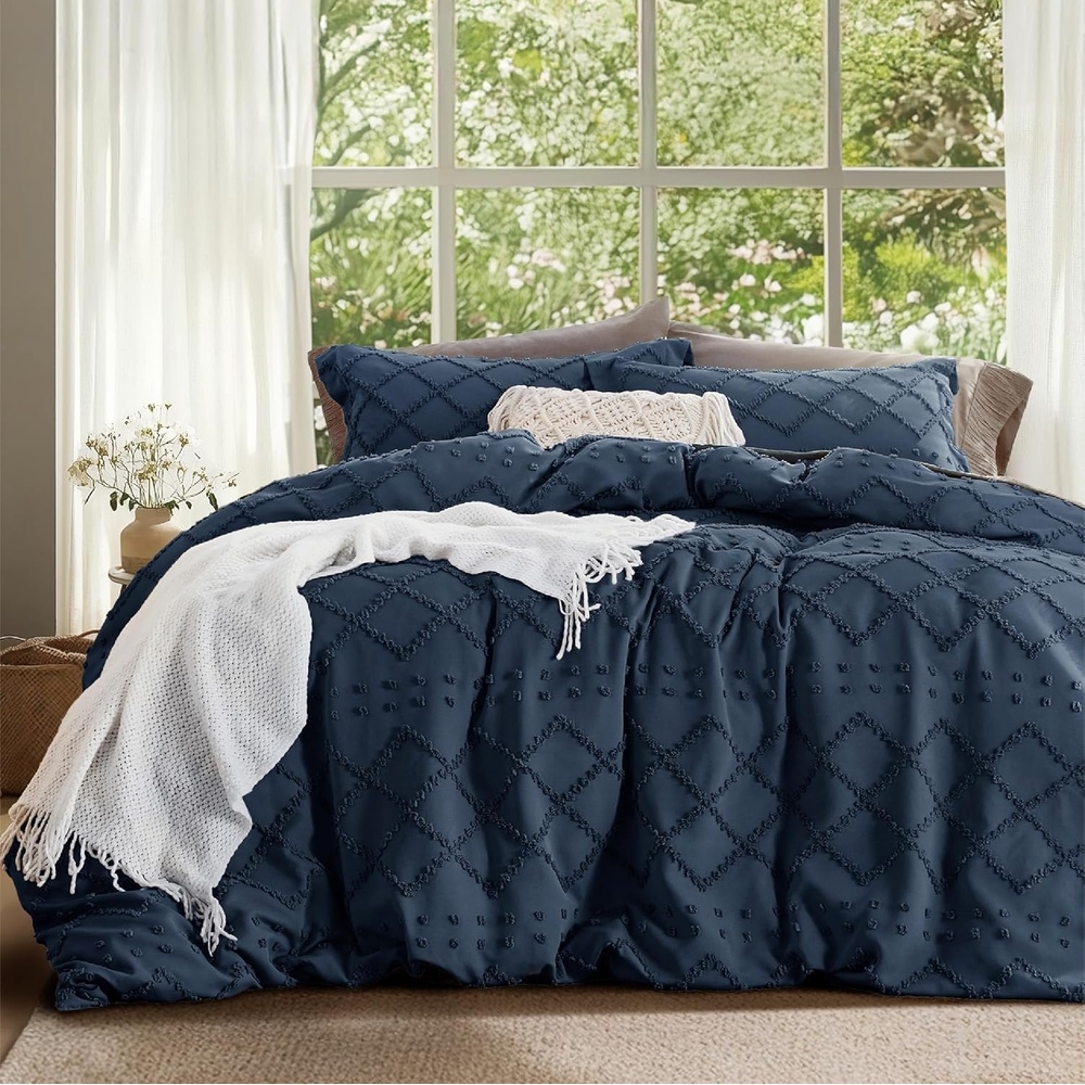 image:imageBedsure Boho Duvet Cover King Size  Rose Pink Tufted Boho Bedding Distressed Vintage Embroidery Bedding for All Seasons 3 Pieces 1 Soft Jacquard King Comforter Cover and 2 Pillow Shams02  Navy No Comforter