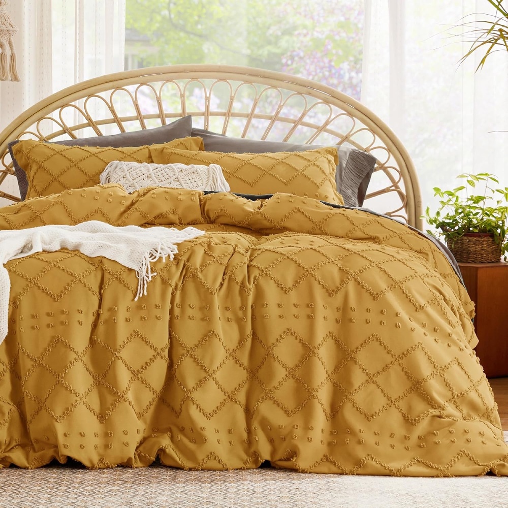 image:imageBedsure Boho Duvet Cover King Size  Rose Pink Tufted Boho Bedding Distressed Vintage Embroidery Bedding for All Seasons 3 Pieces 1 Soft Jacquard King Comforter Cover and 2 Pillow Shams23  Mustard Yellow No Comforter