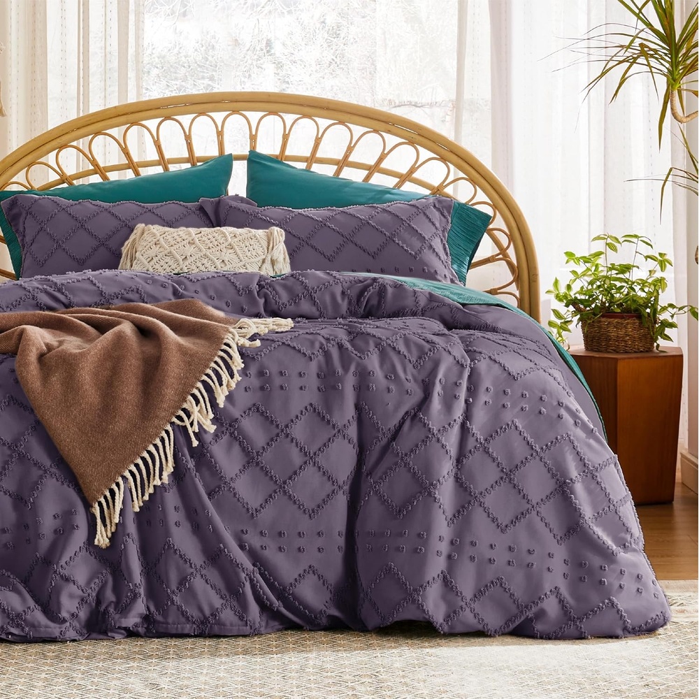 image:imageBedsure Boho Duvet Cover King Size  Rose Pink Tufted Boho Bedding Distressed Vintage Embroidery Bedding for All Seasons 3 Pieces 1 Soft Jacquard King Comforter Cover and 2 Pillow Shams00  Grayish Purple No Comforter