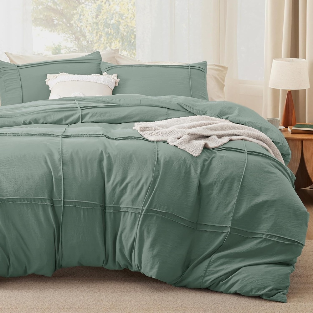 image:imageBedsure Boho Duvet Cover King Size  Rose Pink Tufted Boho Bedding Distressed Vintage Embroidery Bedding for All Seasons 3 Pieces 1 Soft Jacquard King Comforter Cover and 2 Pillow Shams37  Green  Grid No Comforter