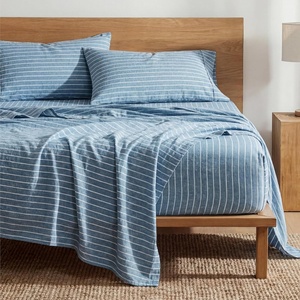 image:imageBedsure Striped Sheets Queen SizeFits Mattresses Up to 16 Deep4 Piece Breathable Bed Sheets Imitation Cotton Textured Jacquard Dobby Stripe Bedsheet amp Pillowcases for KidsWomenMenBeigeStriped  Dark Blue