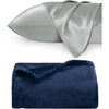 image:imageBedsure Satin Pillowcase for Hair and Skin Queen Silver Grey amp Fleece Throw Blanket for Sofa and Bed Navy Blue