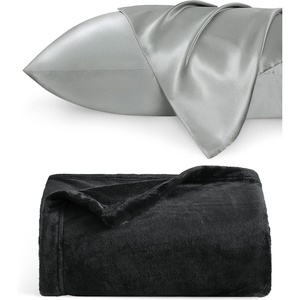 image:imageBedsure Satin Pillowcase for Hair and Skin Queen Silver Grey amp Fleece Throw Blanket for Sofa and Bed Black