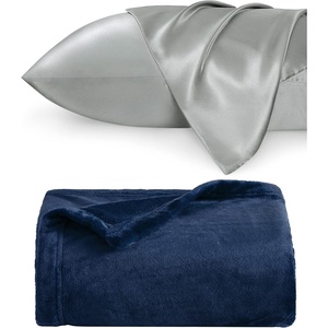 image:imageBedsure Satin Pillowcase for Hair and Skin Queen Silver Grey amp Fleece Throw Blanket for Sofa and Bed Navy Blue