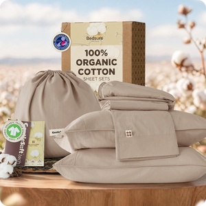 image:imageBedsure 100 GOTS Certified Organic Cotton Sheets California King Sheet Sets 17 Deep Pocket Bedsheets with Corner Straps EcoFriendly Soft amp Luxury PureWoven Cotton Hotel Bedding 4PCS Navy04  Light Brown