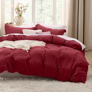 image:imageBedsure Duvet Cover Queen Size with Fitted Sheet  4 Pieces Prewashed Polyester Soft Bedding Set Includes 1 Duvet Cover 90x90 with Zipper Closure 2 Pillow Shams 1 Fitted Sheet Bright White22  Red No Comforter