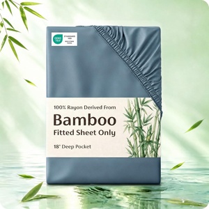 image:imageBedsure Queen Fitted Sheet Only 100 Rayon Derived from Bamboo Breathable amp Soft PureWoven Cooling Bottom Sheet for Hot Sleepers Deep Pocket Up to 18 with 4 Elastic Corner Straps BlackDusty Blue