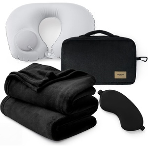image:imageBedsure Travel Blanket Set with Inflatable Neck Pillow and Eye Mask  Lightweight 3in1 Airplane Packable Blanket Compact Travel Essentials GreyBlack