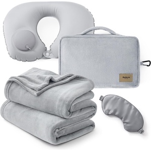 image:imageBedsure Travel Blanket Set with Inflatable Neck Pillow and Eye Mask  Lightweight 3in1 Airplane Packable Blanket Compact Travel Essentials GreyGrey