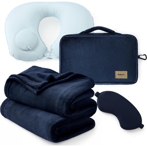 image:imageBedsure Travel Blanket Set with Inflatable Neck Pillow and Eye Mask  Lightweight 3in1 Airplane Packable Blanket Compact Travel Essentials GreyNavy