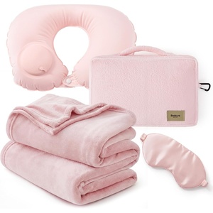 image:imageBedsure Travel Blanket Set with Inflatable Neck Pillow and Eye Mask  Lightweight 3in1 Airplane Packable Blanket Compact Travel Essentials GreyPink