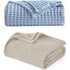 image:imageBedsure Sky Blue Cooling Blanket and Beige Linen Waffle Blanket 90x90 Inches