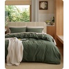 image:imageBedsure PureWoven 100 Washed Cotton Duvet Cover Set Queen Size 3PC  Linen Like Texture Percale Breathable Bedding Set for All Seasons Zipper Closure 8 Corner Ties Charcoal 90 X 9009  Olive Green No Comforter