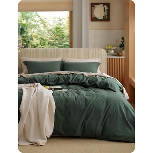 image:imageBedsure PureWoven 100 Washed Cotton Duvet Cover Set Queen Size 3PC  Linen Like Texture Percale Breathable Bedding Set for All Seasons Zipper Closure 8 Corner Ties Charcoal 90 X 9010  Forest Green No Comforter