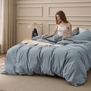 image:imageBedsure PureWoven 100 Washed Cotton Duvet Cover Set Queen Size 3PC  Linen Like Texture Percale Breathable Bedding Set for All Seasons Zipper Closure 8 Corner Ties Charcoal 90 X 9022  Dusty Blue No Comforter