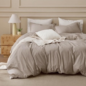 image:imageBedsure PureWoven 100 Washed Cotton Duvet Cover Set Queen Size 3PC  Linen Like Texture Percale Breathable Bedding Set for All Seasons Zipper Closure 8 Corner Ties Charcoal 90 X 9009  Tannish Linen Grey No Comforter