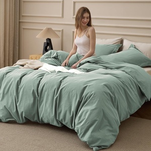 image:imageBedsure PureWoven 100 Washed Cotton Duvet Cover Set Queen Size 3PC  Linen Like Texture Percale Breathable Bedding Set for All Seasons Zipper Closure 8 Corner Ties Charcoal 90 X 9009  Iceberg Green No Comforter