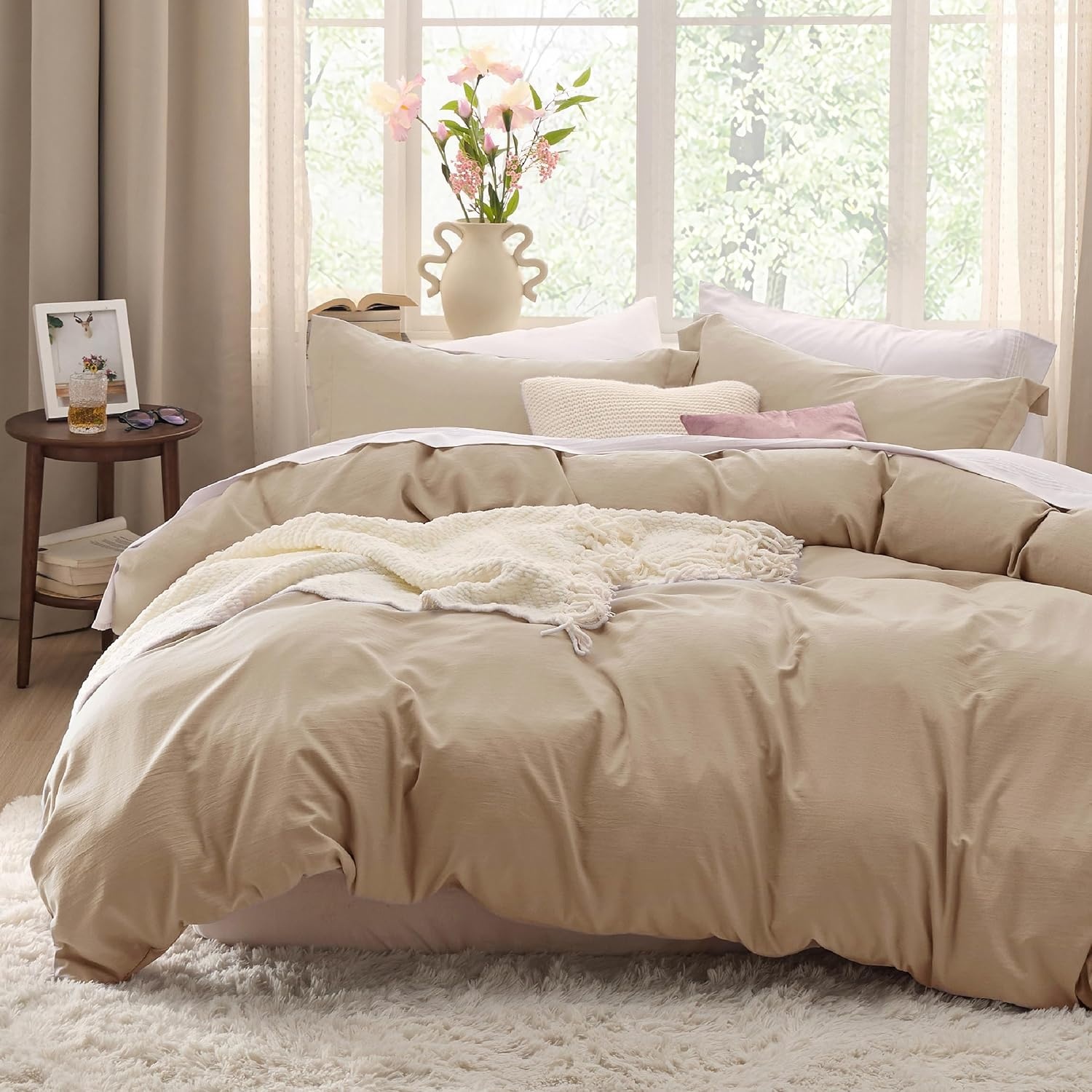 image:imageBedsure Tan Gingham Ruffle Duvet Cover SetVintage Farmhouse Bedding Queen  Cottagecore Aesthetic Ruffle Edges Soft Lightweight Hidden Zipper Inner Ties 90x90 Comforter Cover 2 Pillow Shams02  Light Brown No Comforter
