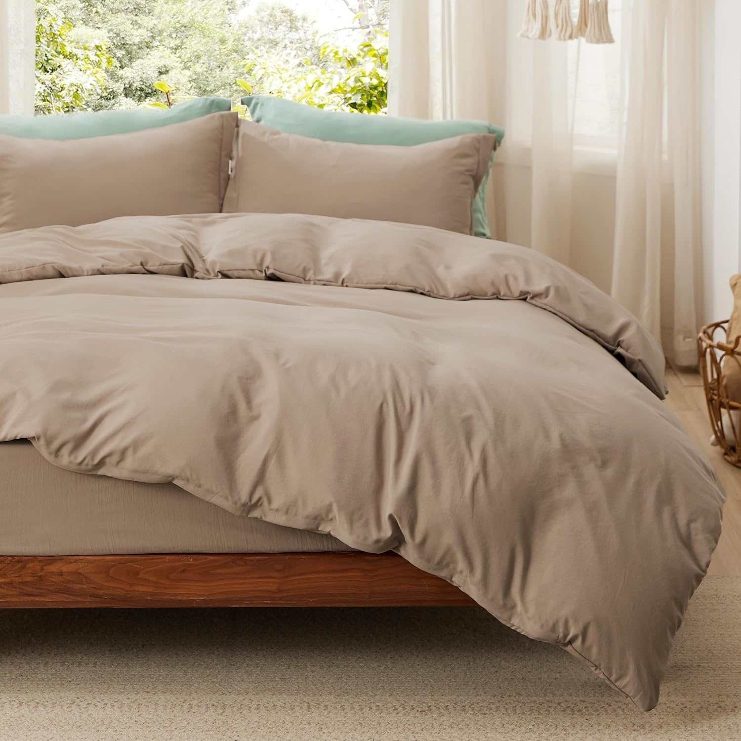 image:imageBedsure Tan Gingham Ruffle Duvet Cover SetVintage Farmhouse Bedding Queen  Cottagecore Aesthetic Ruffle Edges Soft Lightweight Hidden Zipper Inner Ties 90x90 Comforter Cover 2 Pillow Shams02  Light Brown No Comforter