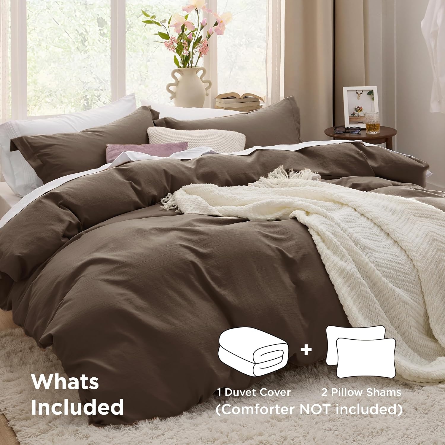 image:imageBedsure Tan Gingham Ruffle Duvet Cover SetVintage Farmhouse Bedding Queen  Cottagecore Aesthetic Ruffle Edges Soft Lightweight Hidden Zipper Inner Ties 90x90 Comforter Cover 2 Pillow Shams02  Dark Brown No Comforter