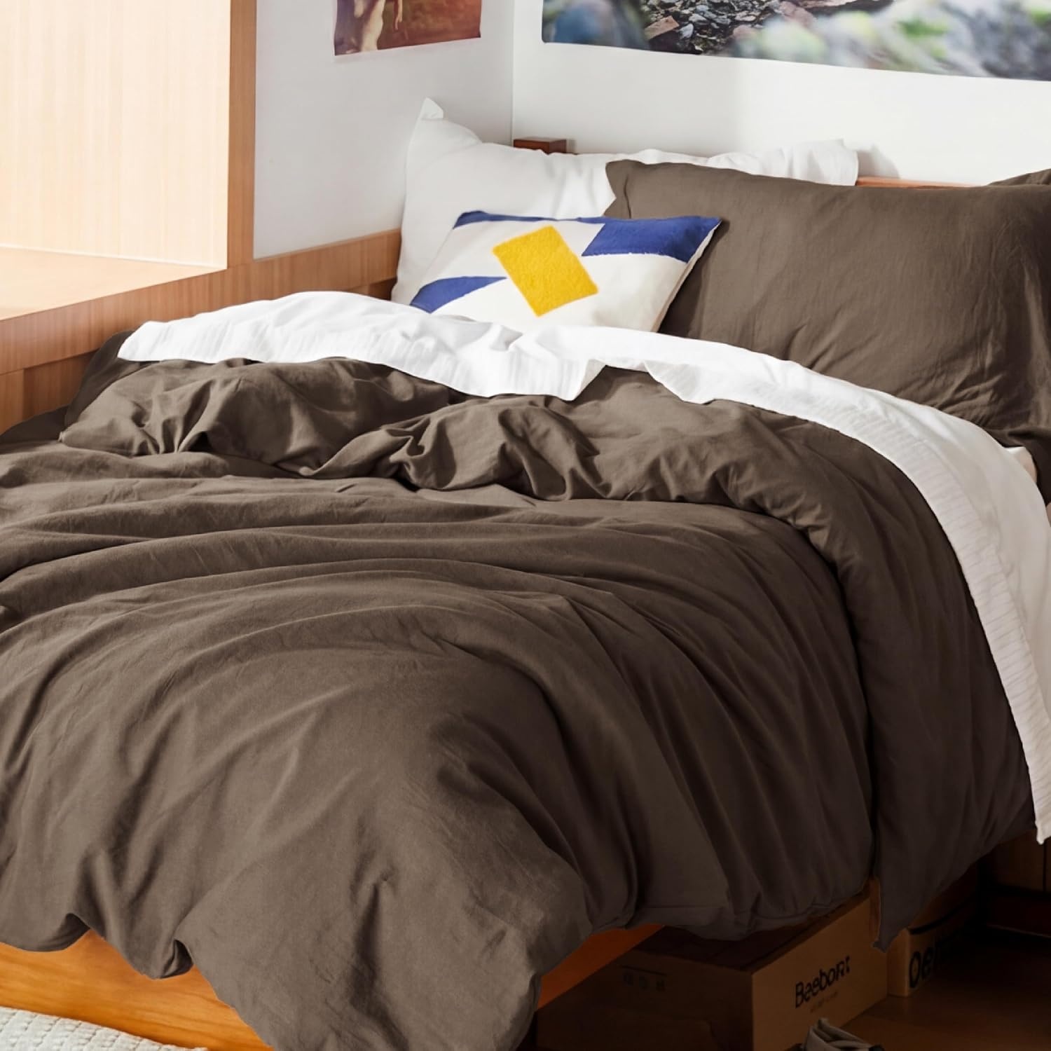 image:imageBedsure Tan Gingham Ruffle Duvet Cover SetVintage Farmhouse Bedding Queen  Cottagecore Aesthetic Ruffle Edges Soft Lightweight Hidden Zipper Inner Ties 90x90 Comforter Cover 2 Pillow Shams02  Dark Brown No Comforter