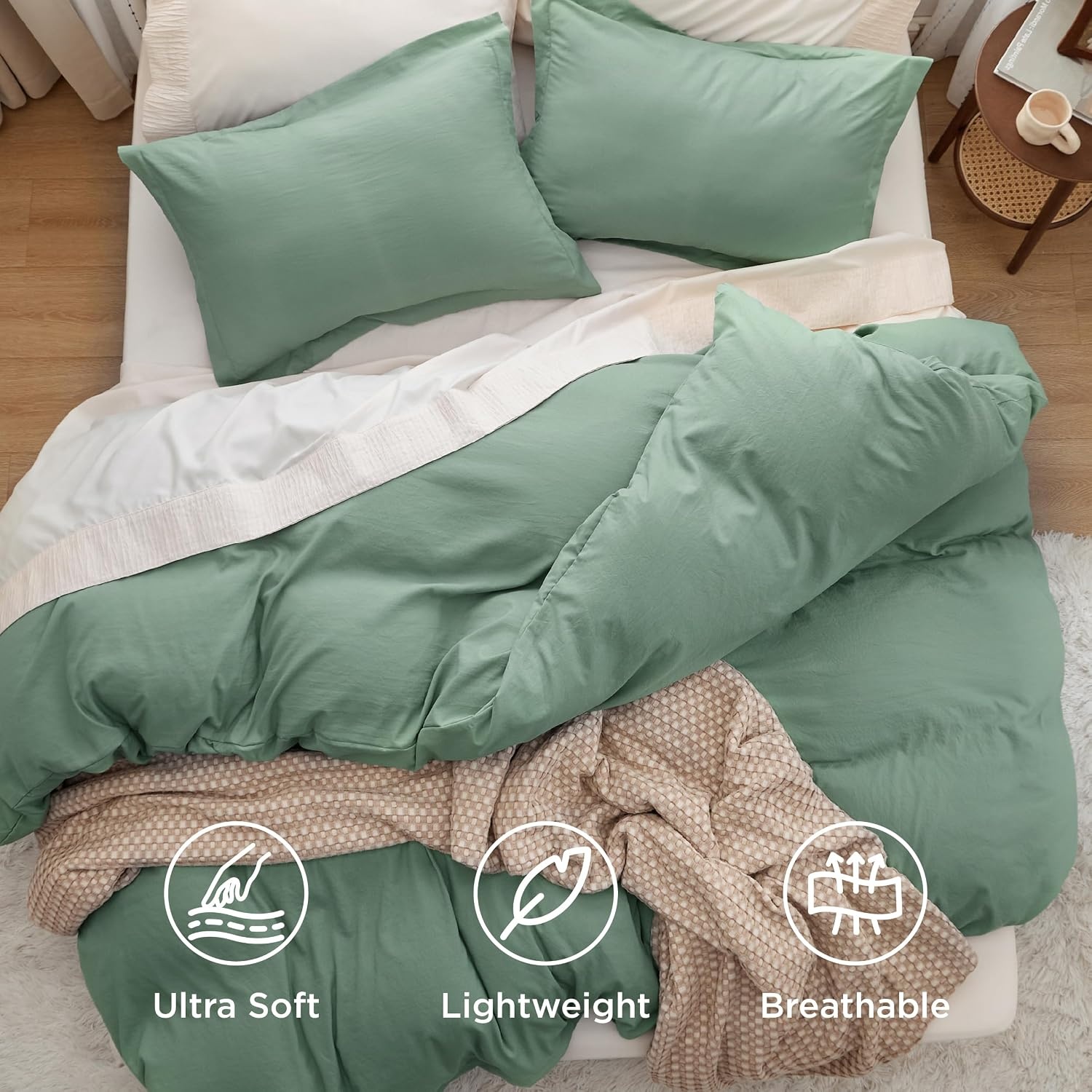 image:imageBedsure Tan Gingham Ruffle Duvet Cover SetVintage Farmhouse Bedding Queen  Cottagecore Aesthetic Ruffle Edges Soft Lightweight Hidden Zipper Inner Ties 90x90 Comforter Cover 2 Pillow Shams03  Sage Green No Comforter