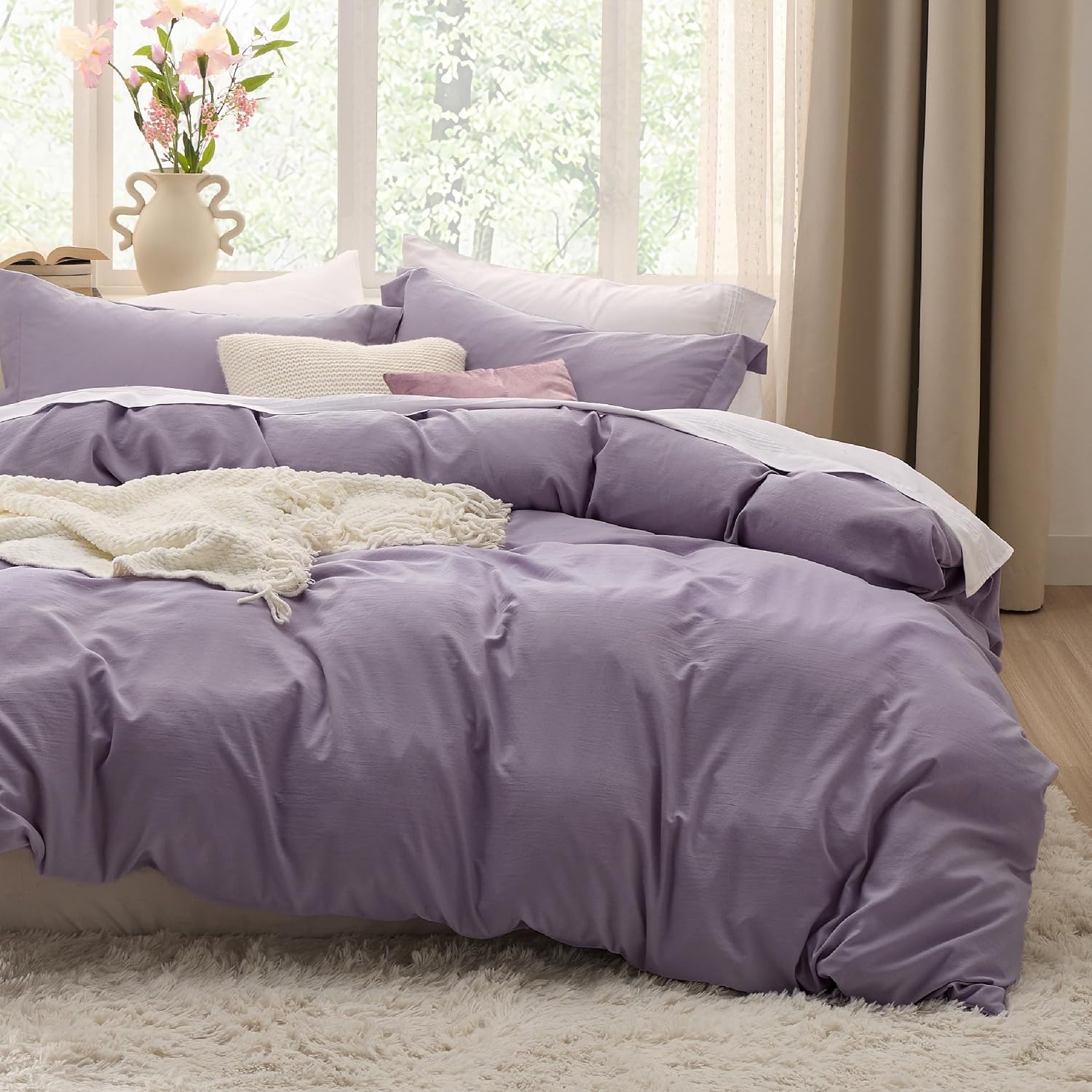 image:imageBedsure Tan Gingham Ruffle Duvet Cover SetVintage Farmhouse Bedding Queen  Cottagecore Aesthetic Ruffle Edges Soft Lightweight Hidden Zipper Inner Ties 90x90 Comforter Cover 2 Pillow Shams06  Dusty Purple No Comforter
