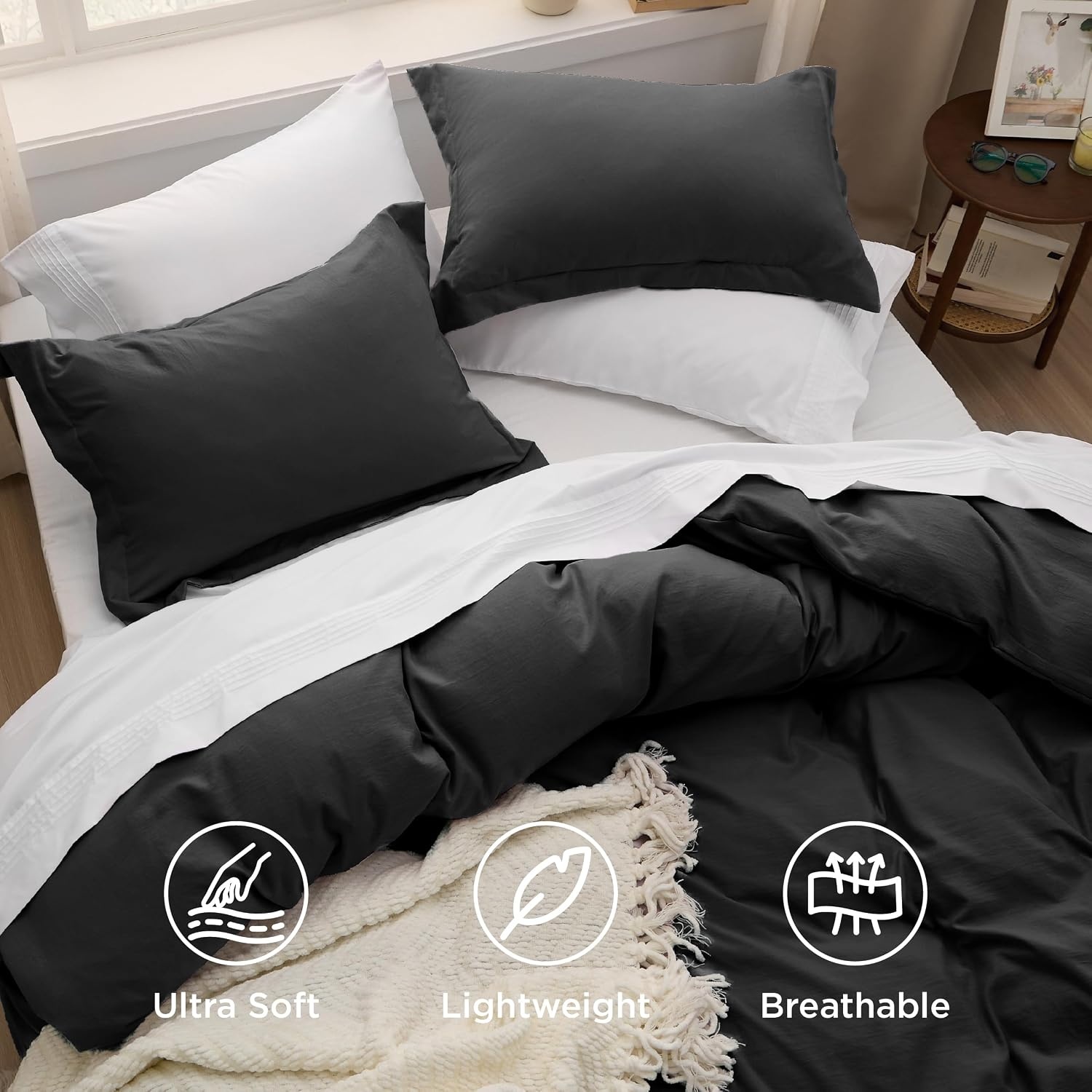 image:imageBedsure Tan Gingham Ruffle Duvet Cover SetVintage Farmhouse Bedding Queen  Cottagecore Aesthetic Ruffle Edges Soft Lightweight Hidden Zipper Inner Ties 90x90 Comforter Cover 2 Pillow Shams04  Black No Comforter