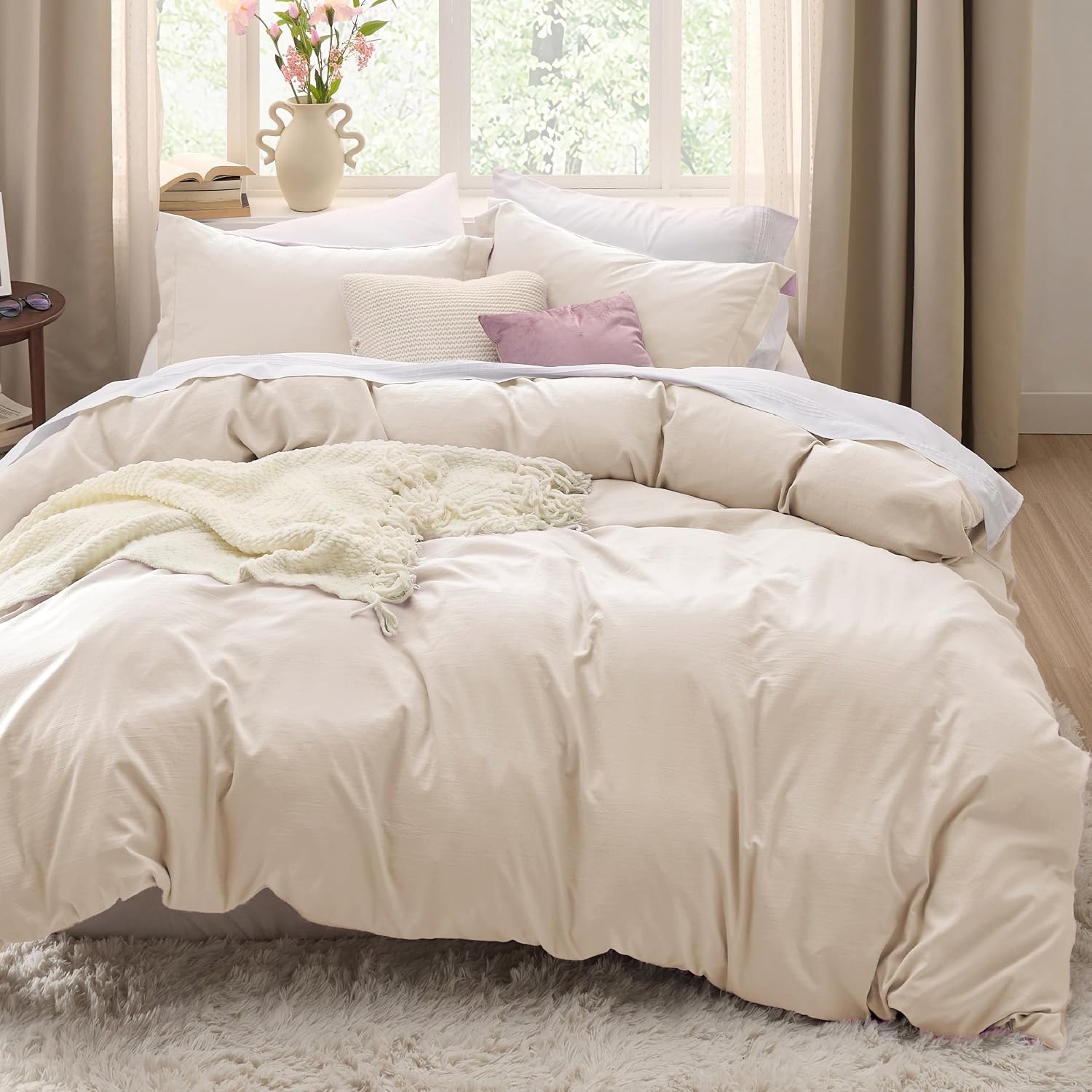 image:imageBedsure Tan Gingham Ruffle Duvet Cover SetVintage Farmhouse Bedding Queen  Cottagecore Aesthetic Ruffle Edges Soft Lightweight Hidden Zipper Inner Ties 90x90 Comforter Cover 2 Pillow Shams02  Cream No Comforter