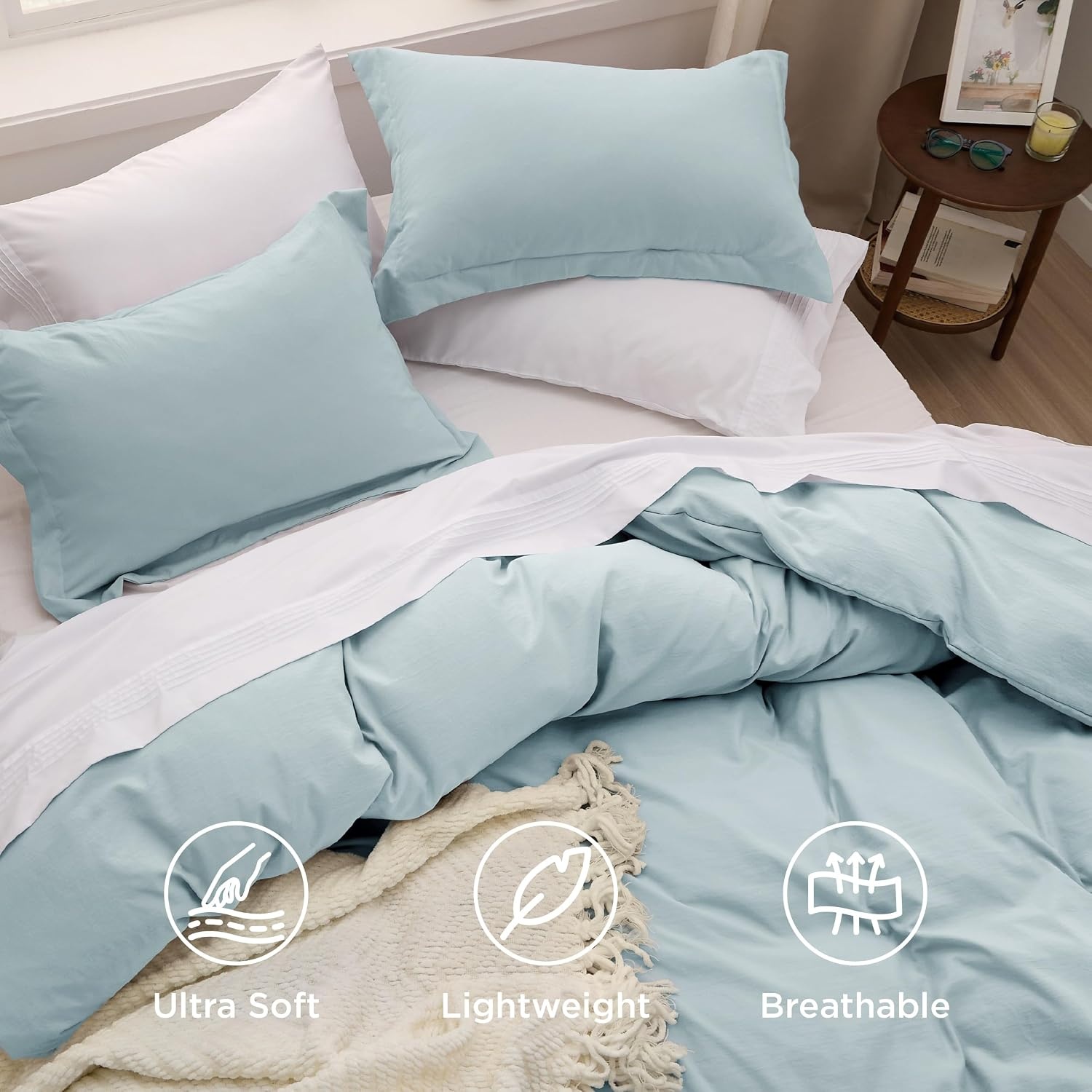 image:imageBedsure Tan Gingham Ruffle Duvet Cover SetVintage Farmhouse Bedding Queen  Cottagecore Aesthetic Ruffle Edges Soft Lightweight Hidden Zipper Inner Ties 90x90 Comforter Cover 2 Pillow Shams05  Baby Blue