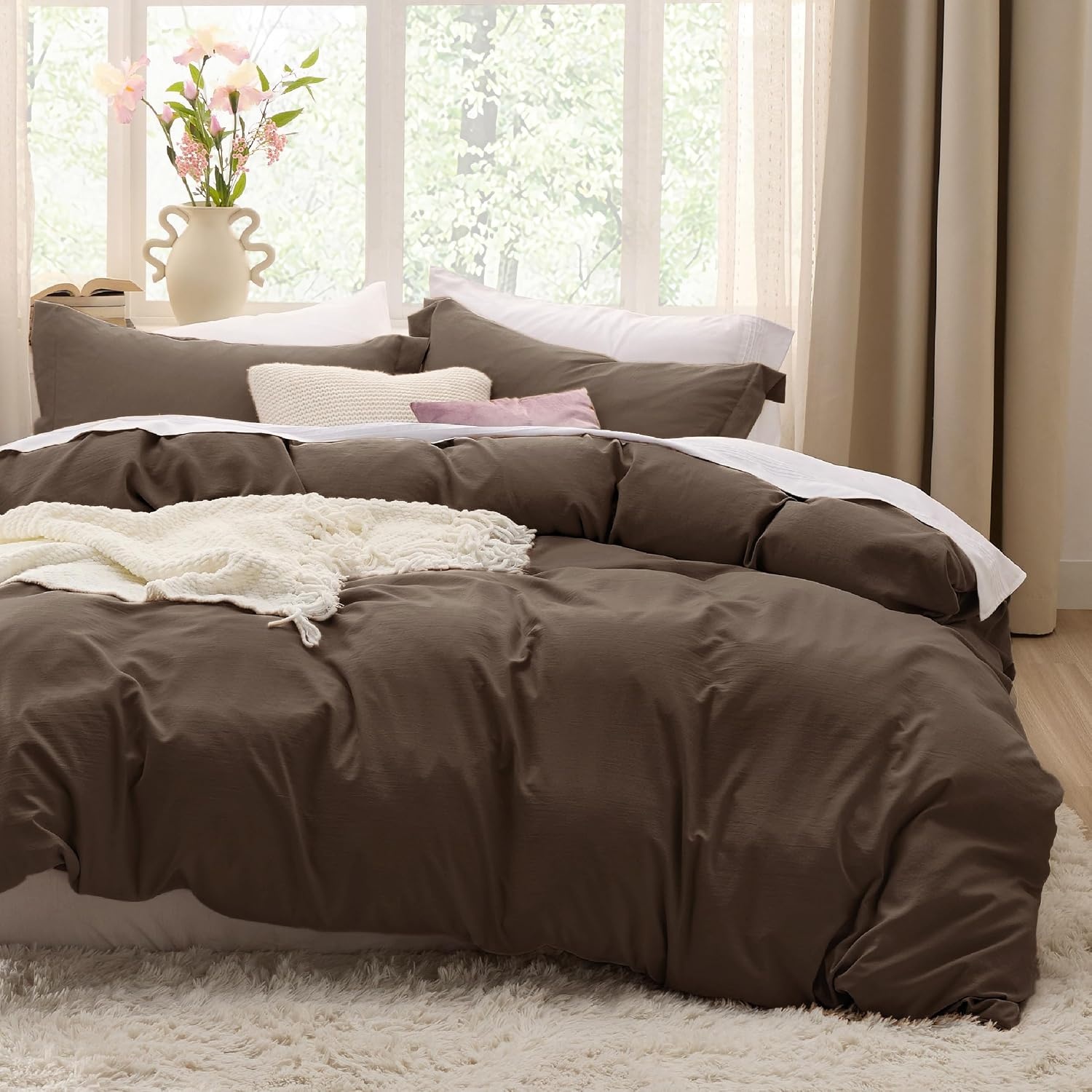 image:imageBedsure Tan Gingham Ruffle Duvet Cover SetVintage Farmhouse Bedding Queen  Cottagecore Aesthetic Ruffle Edges Soft Lightweight Hidden Zipper Inner Ties 90x90 Comforter Cover 2 Pillow Shams02  Dark Brown No Comforter