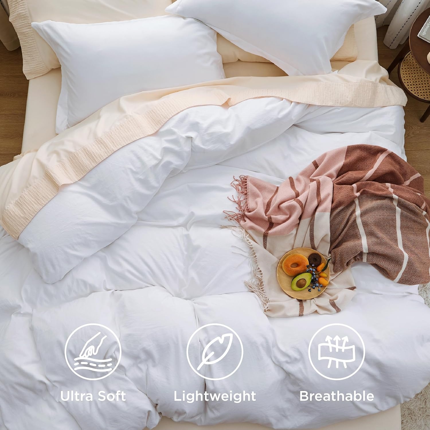 image:imageBedsure Tan Gingham Ruffle Duvet Cover SetVintage Farmhouse Bedding Queen  Cottagecore Aesthetic Ruffle Edges Soft Lightweight Hidden Zipper Inner Ties 90x90 Comforter Cover 2 Pillow Shams02  Bright White No Comforter