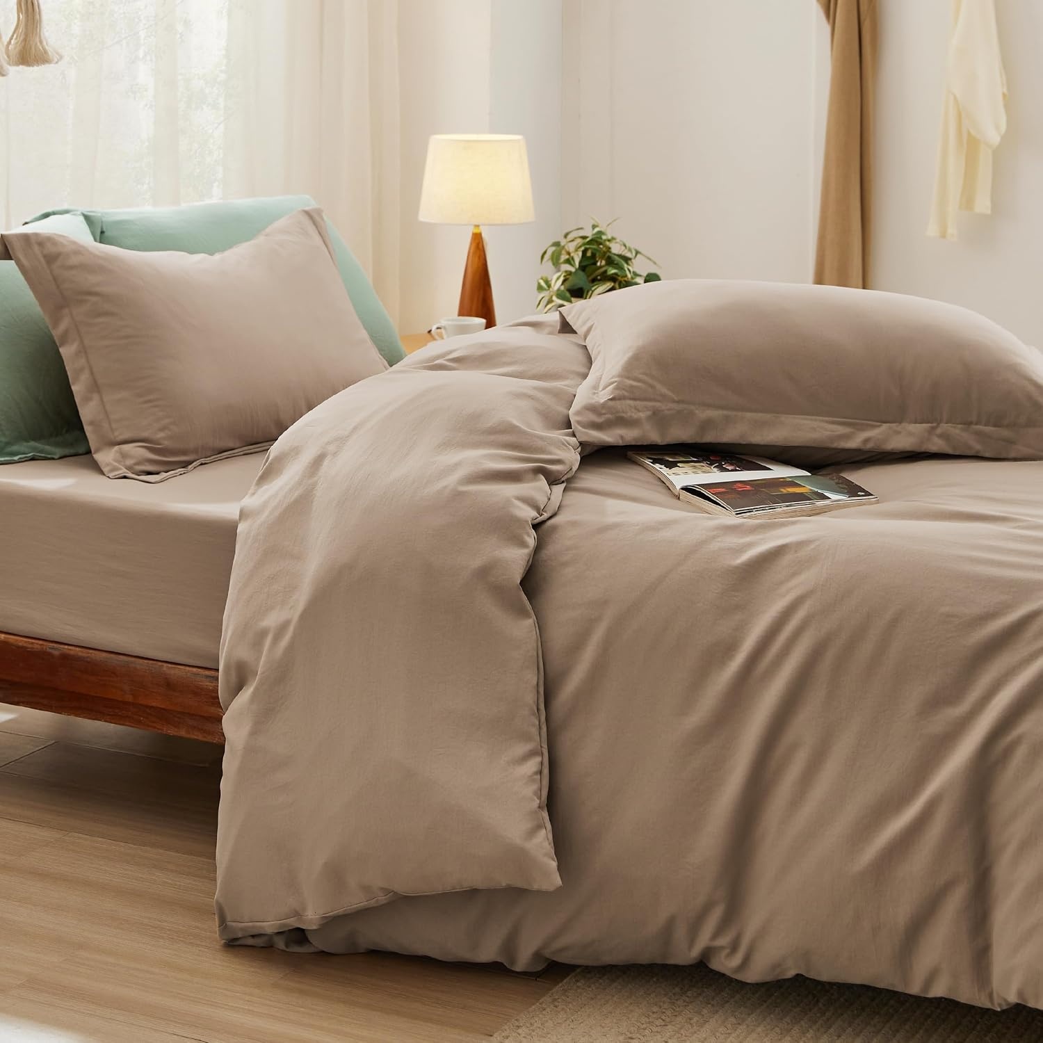 image:imageBedsure Tan Gingham Ruffle Duvet Cover SetVintage Farmhouse Bedding Queen  Cottagecore Aesthetic Ruffle Edges Soft Lightweight Hidden Zipper Inner Ties 90x90 Comforter Cover 2 Pillow Shams02  Light Brown No Comforter
