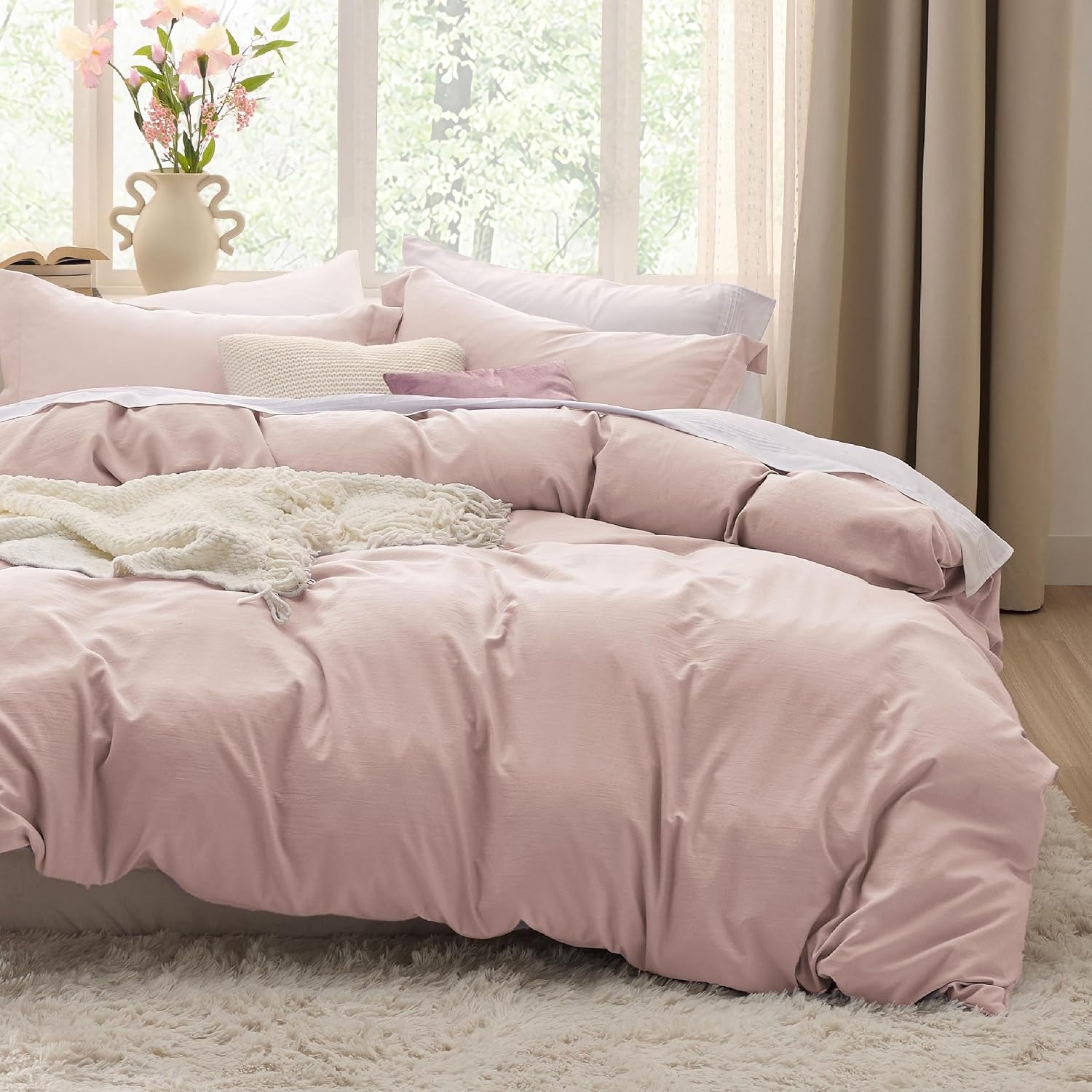 image:imageBedsure Tan Gingham Ruffle Duvet Cover SetVintage Farmhouse Bedding Queen  Cottagecore Aesthetic Ruffle Edges Soft Lightweight Hidden Zipper Inner Ties 90x90 Comforter Cover 2 Pillow Shams01  Rose Pink No Comforter
