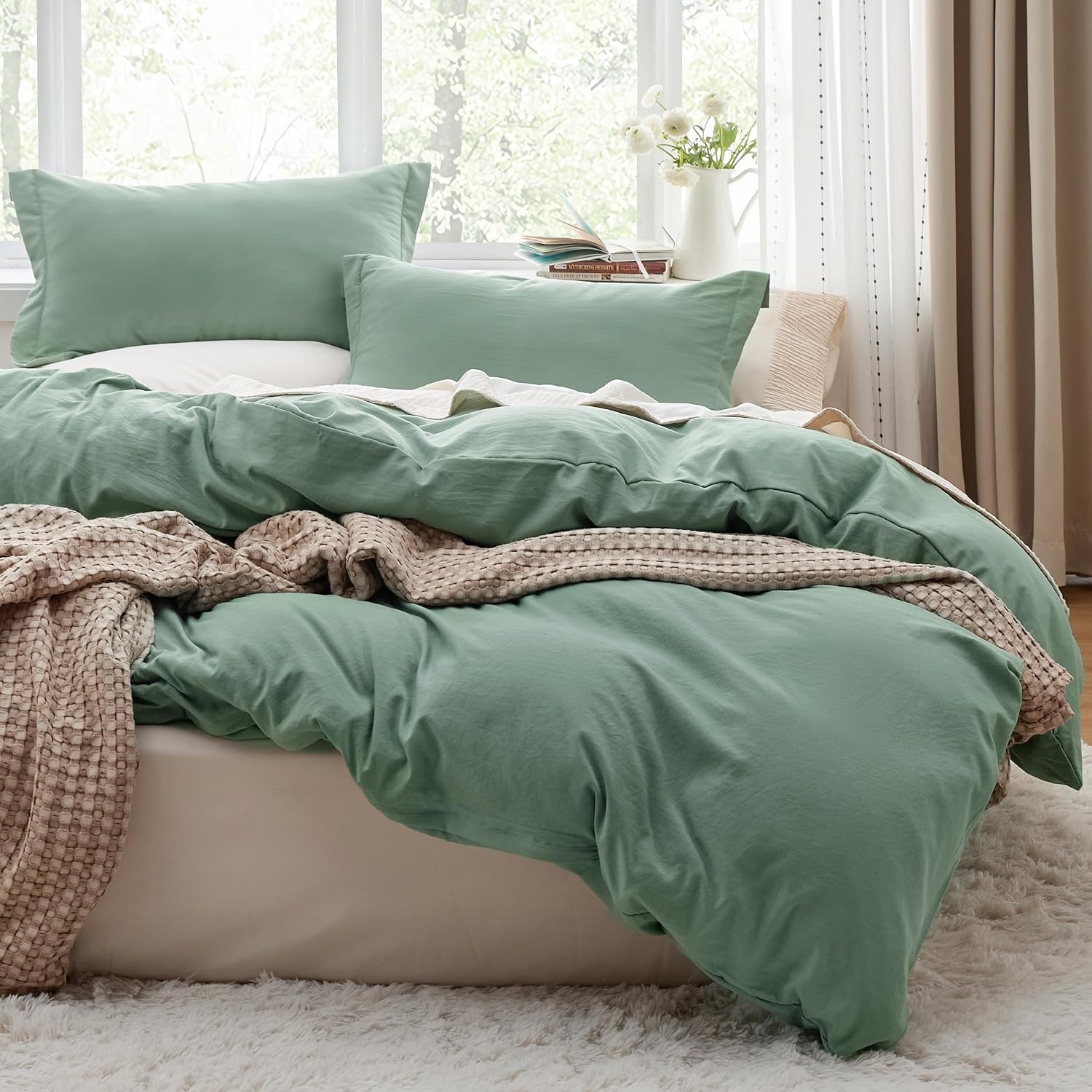 image:imageBedsure Tan Gingham Ruffle Duvet Cover SetVintage Farmhouse Bedding Queen  Cottagecore Aesthetic Ruffle Edges Soft Lightweight Hidden Zipper Inner Ties 90x90 Comforter Cover 2 Pillow Shams03  Sage Green No Comforter