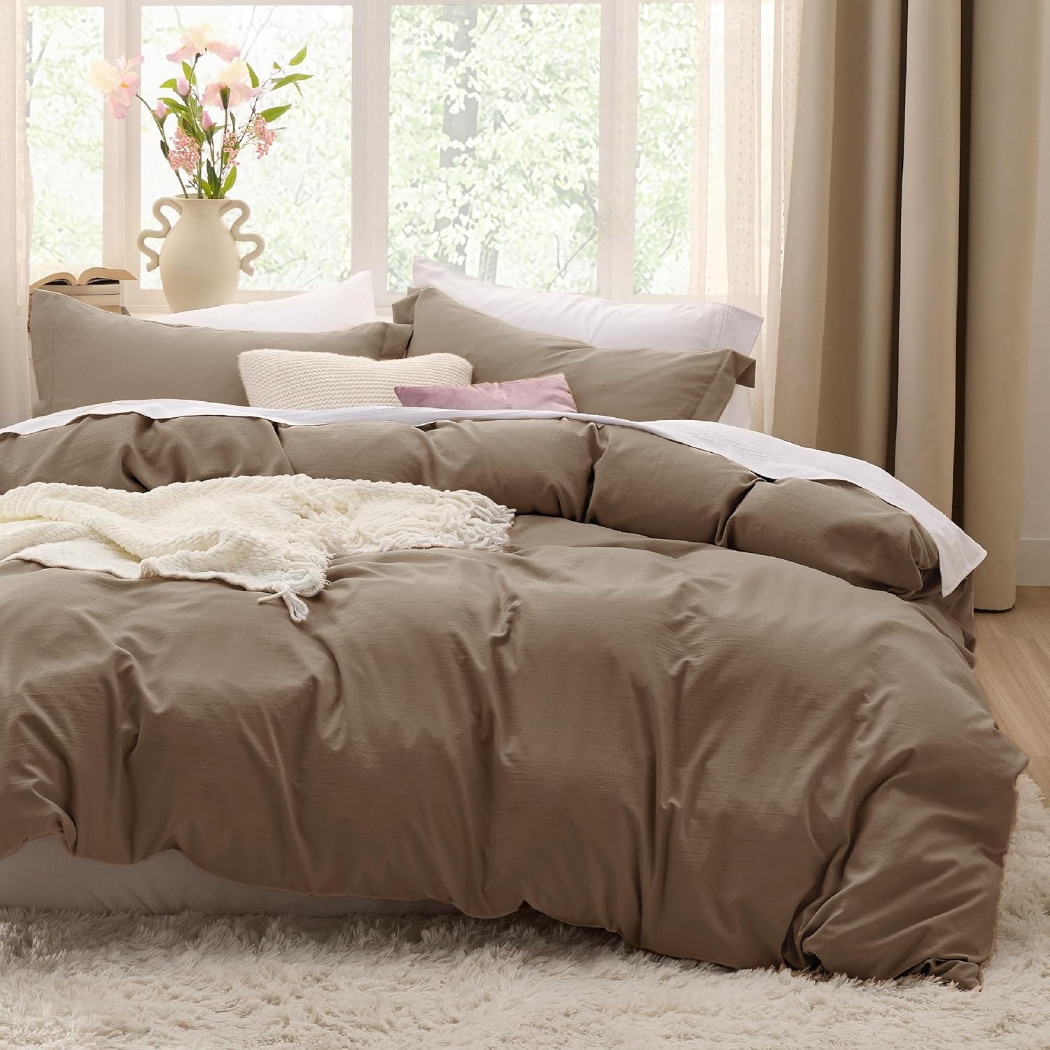 image:imageBedsure Tan Gingham Ruffle Duvet Cover SetVintage Farmhouse Bedding Queen  Cottagecore Aesthetic Ruffle Edges Soft Lightweight Hidden Zipper Inner Ties 90x90 Comforter Cover 2 Pillow Shams02  Brown No Comforter