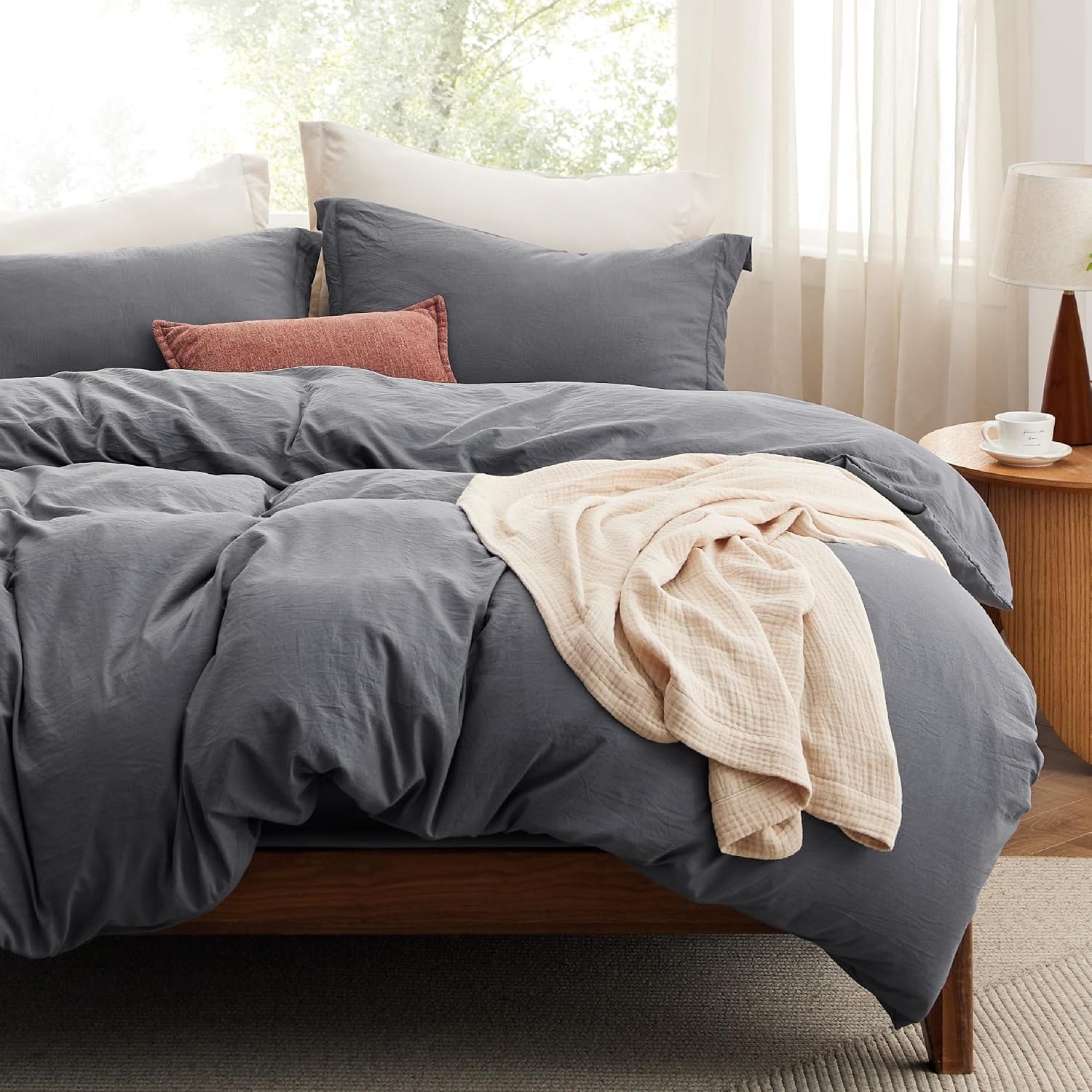 image:imageBedsure Tan Gingham Ruffle Duvet Cover SetVintage Farmhouse Bedding Queen  Cottagecore Aesthetic Ruffle Edges Soft Lightweight Hidden Zipper Inner Ties 90x90 Comforter Cover 2 Pillow Shams01  Dark Grey No Comforter