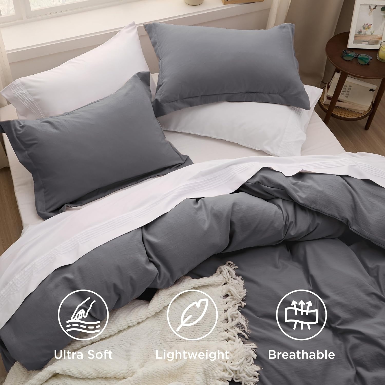 image:imageBedsure Tan Gingham Ruffle Duvet Cover SetVintage Farmhouse Bedding Queen  Cottagecore Aesthetic Ruffle Edges Soft Lightweight Hidden Zipper Inner Ties 90x90 Comforter Cover 2 Pillow Shams04  Dark Grey No Comforter
