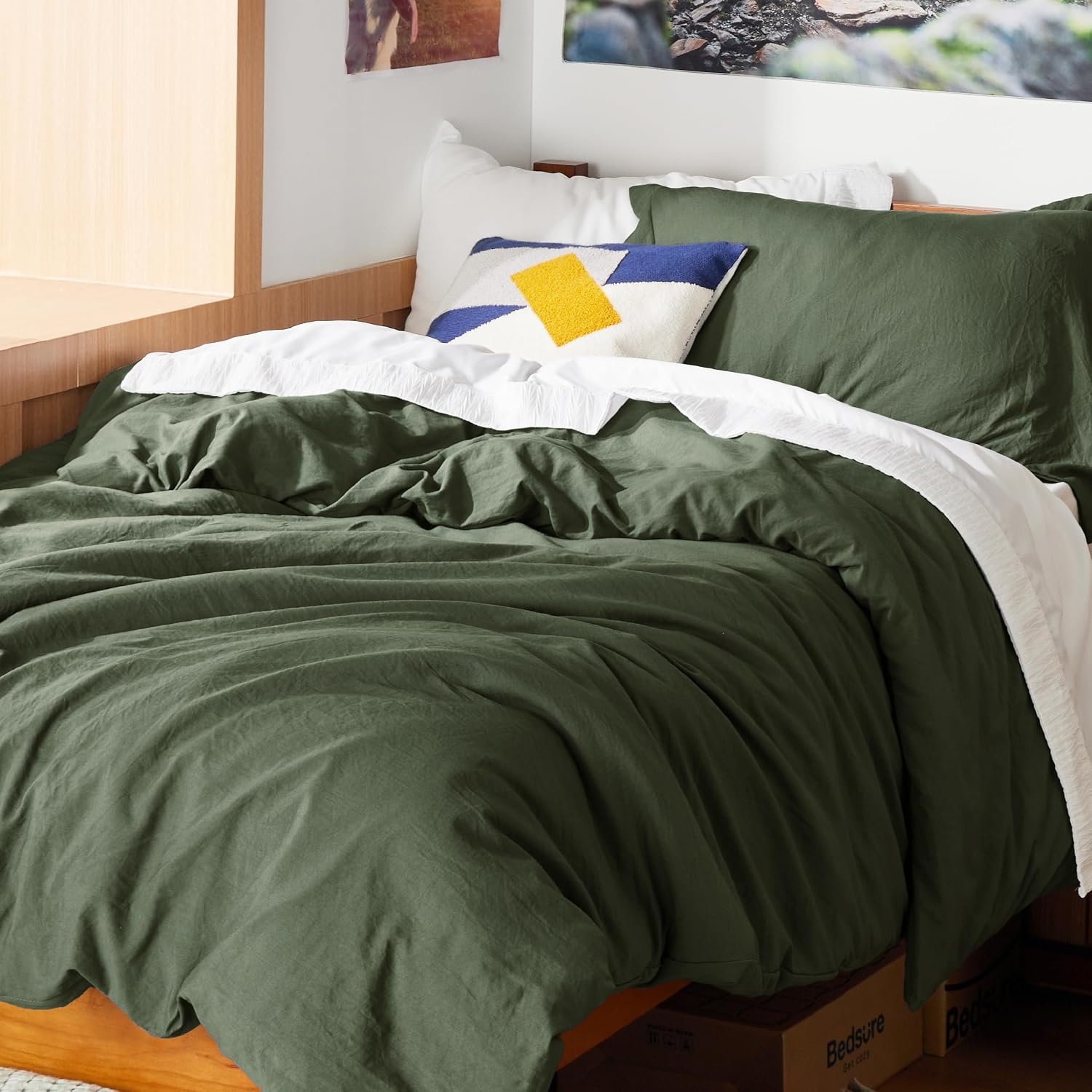 image:imageBedsure Tan Gingham Ruffle Duvet Cover SetVintage Farmhouse Bedding Queen  Cottagecore Aesthetic Ruffle Edges Soft Lightweight Hidden Zipper Inner Ties 90x90 Comforter Cover 2 Pillow Shams03  Olive Green No Comforter