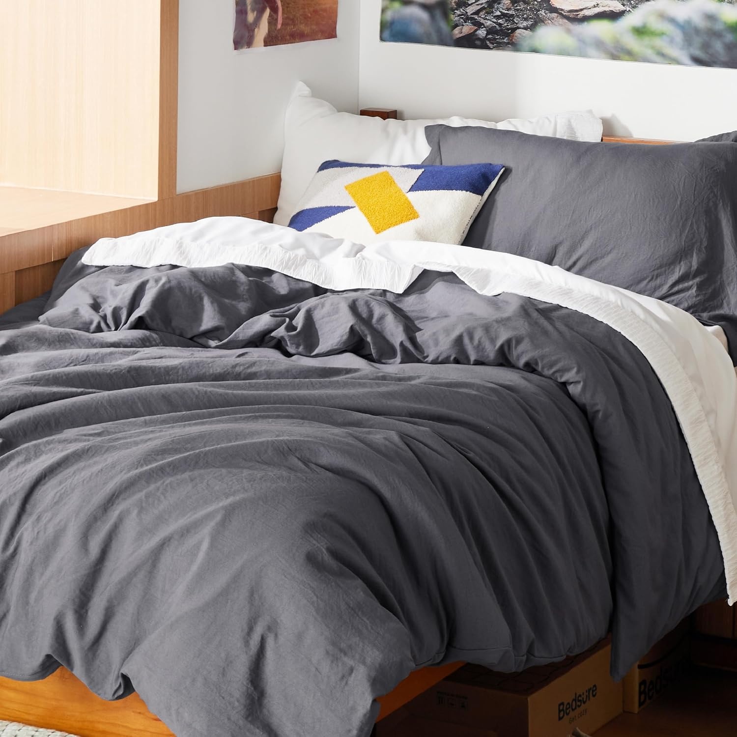 image:imageBedsure Tan Gingham Ruffle Duvet Cover SetVintage Farmhouse Bedding Queen  Cottagecore Aesthetic Ruffle Edges Soft Lightweight Hidden Zipper Inner Ties 90x90 Comforter Cover 2 Pillow Shams01  Dark Grey No Comforter