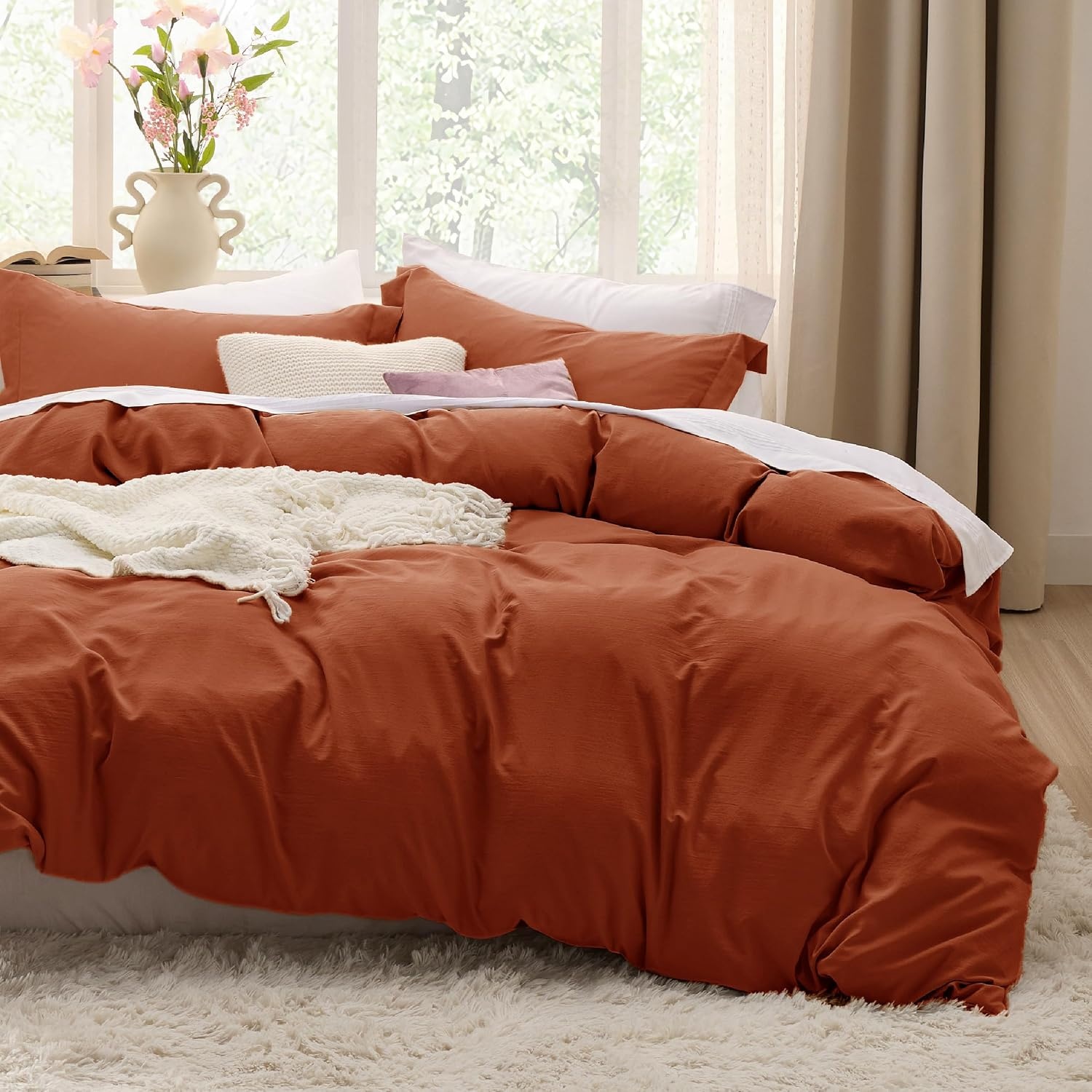 image:imageBedsure Tan Gingham Ruffle Duvet Cover SetVintage Farmhouse Bedding Queen  Cottagecore Aesthetic Ruffle Edges Soft Lightweight Hidden Zipper Inner Ties 90x90 Comforter Cover 2 Pillow Shams08  Terracotta No Comforter
