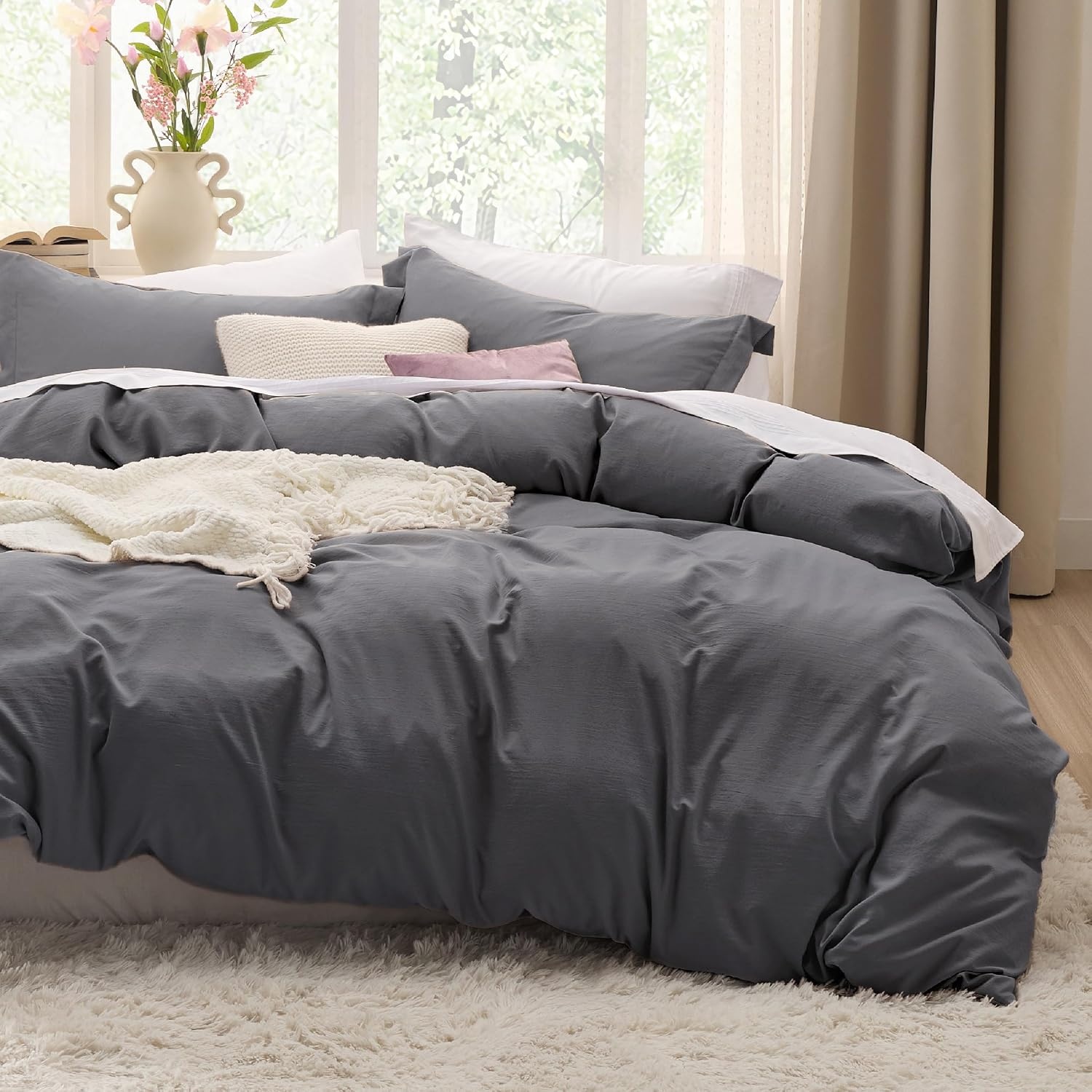 image:imageBedsure Tan Gingham Ruffle Duvet Cover SetVintage Farmhouse Bedding Queen  Cottagecore Aesthetic Ruffle Edges Soft Lightweight Hidden Zipper Inner Ties 90x90 Comforter Cover 2 Pillow Shams01  Dark Grey No Comforter