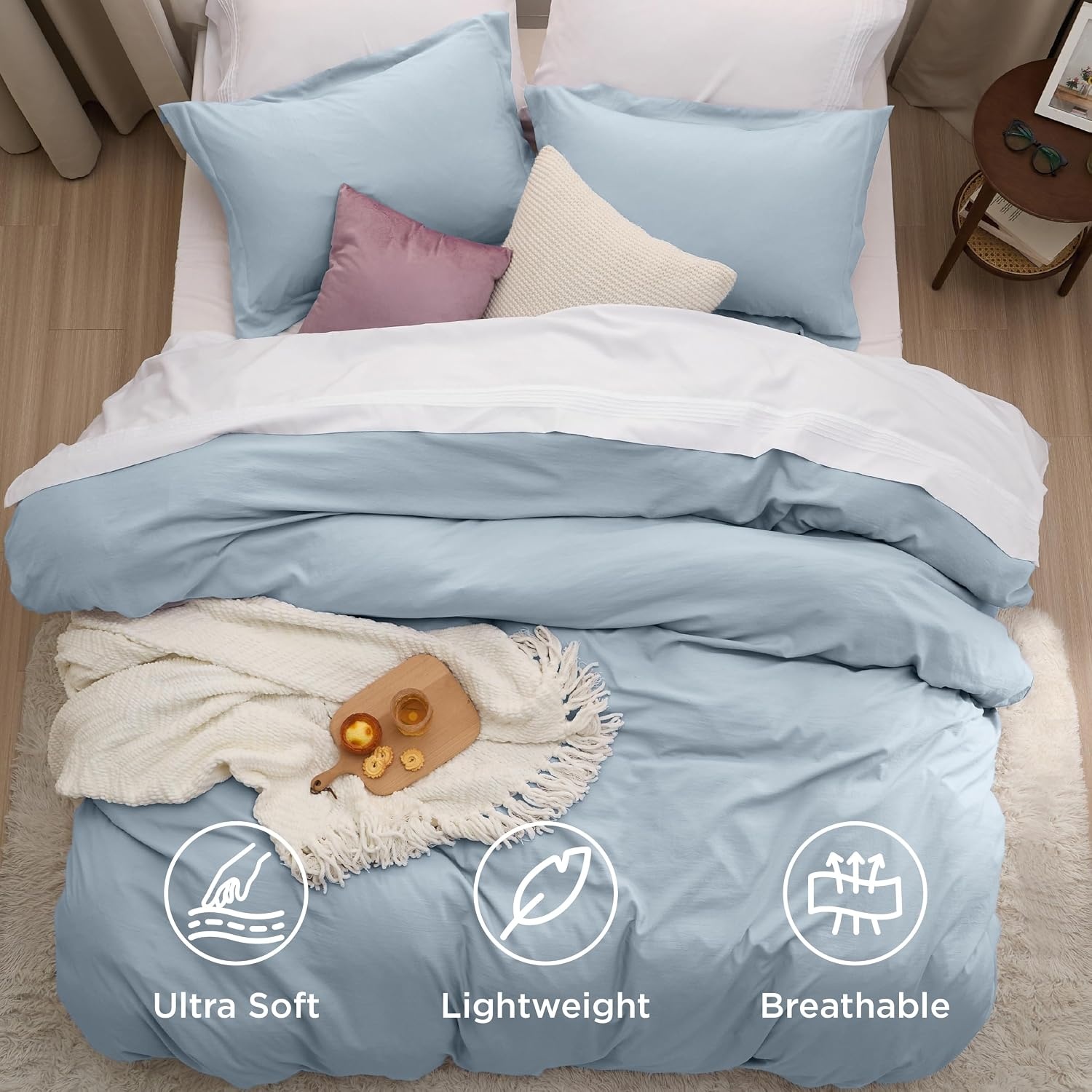 image:imageBedsure Tan Gingham Ruffle Duvet Cover SetVintage Farmhouse Bedding Queen  Cottagecore Aesthetic Ruffle Edges Soft Lightweight Hidden Zipper Inner Ties 90x90 Comforter Cover 2 Pillow Shams05  Celestial Blue No Comforter