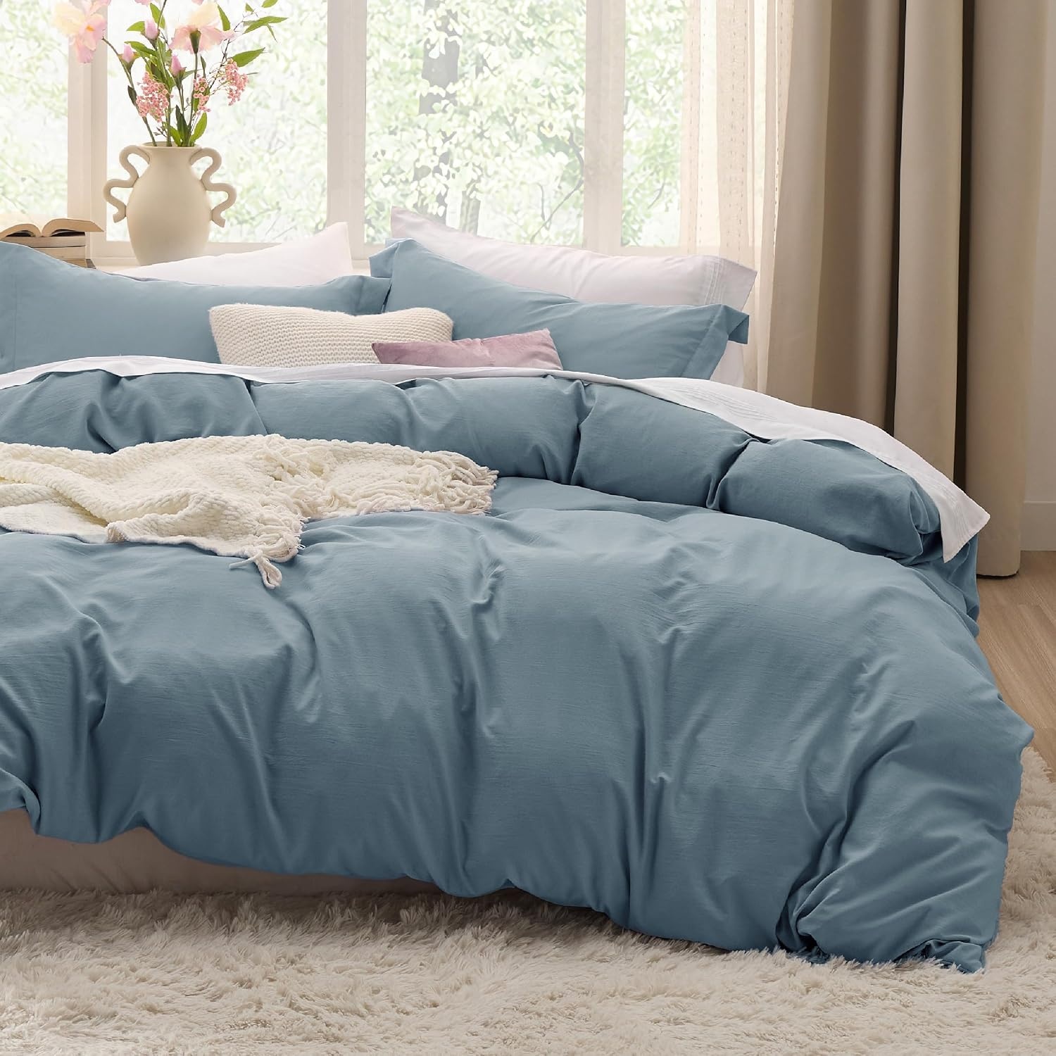 image:imageBedsure Tan Gingham Ruffle Duvet Cover SetVintage Farmhouse Bedding Queen  Cottagecore Aesthetic Ruffle Edges Soft Lightweight Hidden Zipper Inner Ties 90x90 Comforter Cover 2 Pillow Shams05  Dusty Blue No Comforter